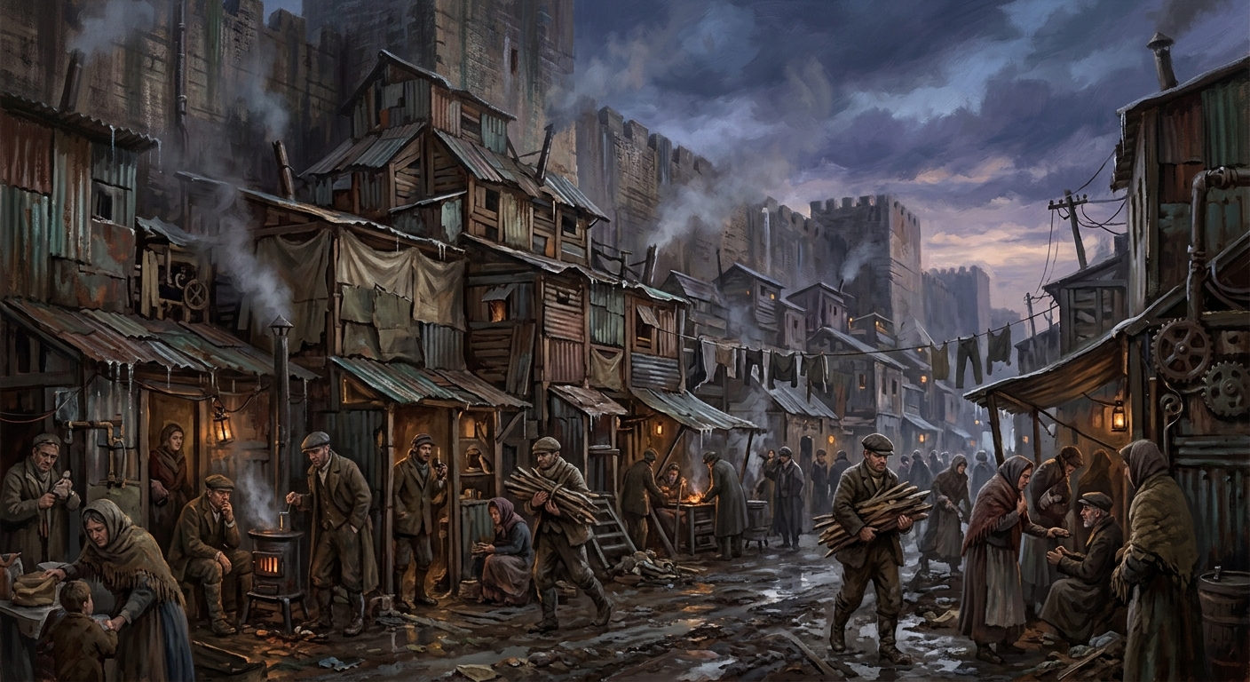 Refugee Sheds — Refugee Sheds, rendered as oil-painting.