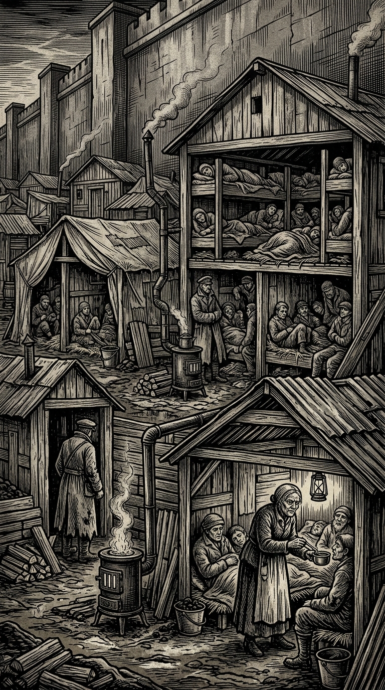 Refugee Sheds — On Boards, Stoves, and Sleeping Arithmetic, rendered as woodcut.