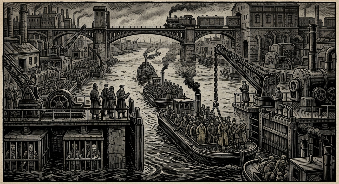 The Rhône — On the Corridor of Passage, Toll, and Wet Custody, rendered as woodcut.