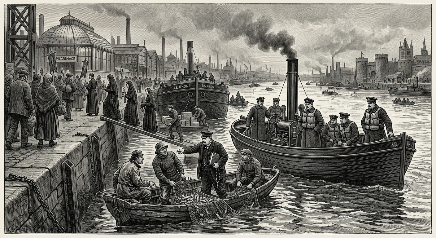 The Rhône — On Glass, Rosaries, and Fishers Who Do Not Understand Policy, rendered as engraving.