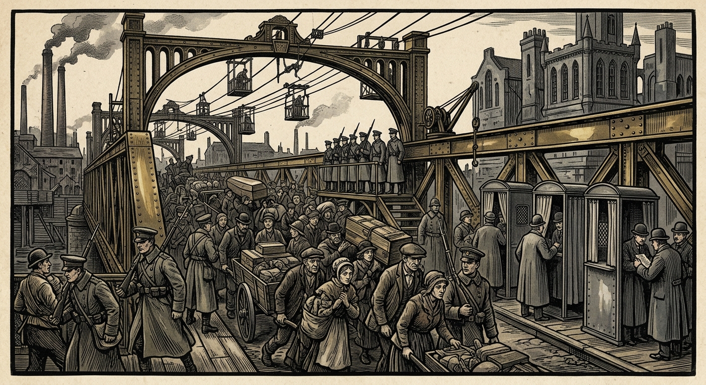 The Ribwalk — On the Daily Traffic of Bodies and Little Lies, rendered as woodcut.