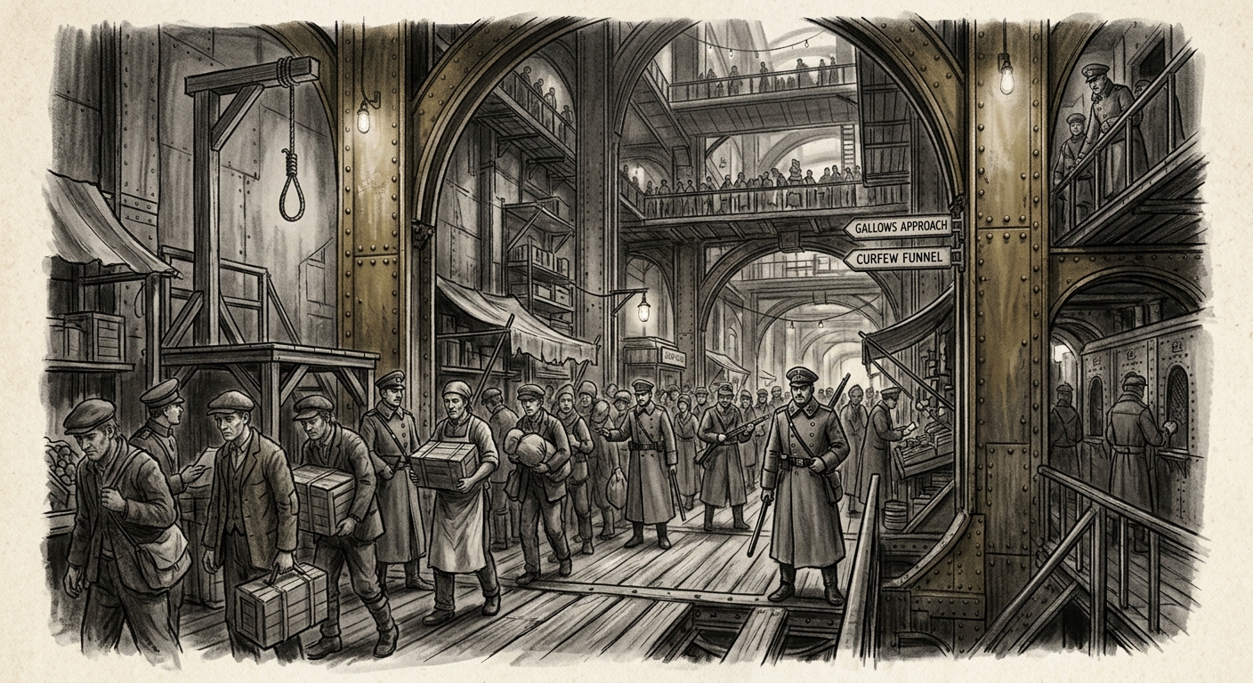 The Ribwalk — On Market Law and the Commerce of Permission, rendered as charcoal.