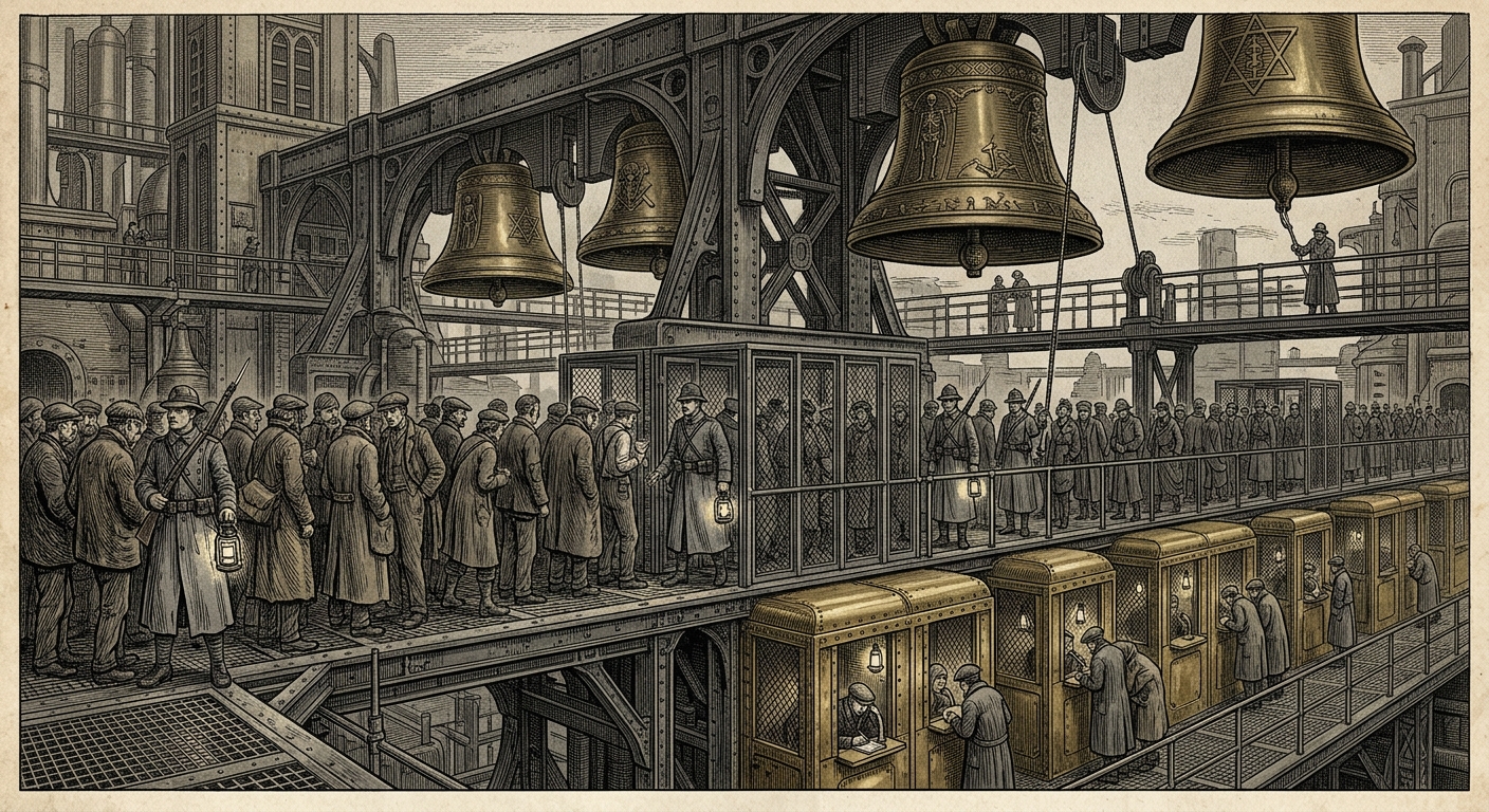 The Ribwalk — On Curfew and the Bells That Sort Flesh, rendered as engraving.