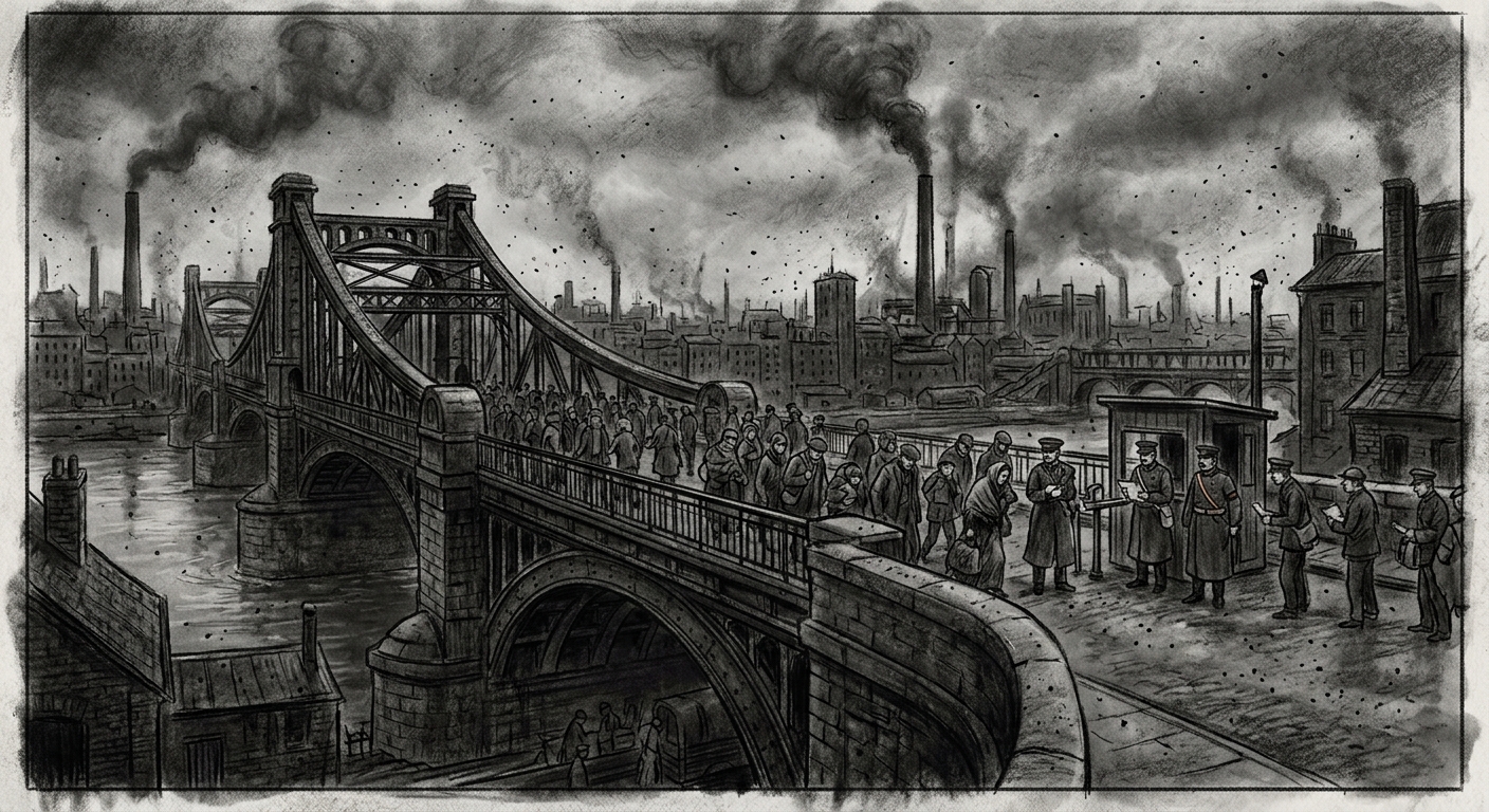 Rouen — On the Bridge of Saint Cuthbert, rendered as charcoal.