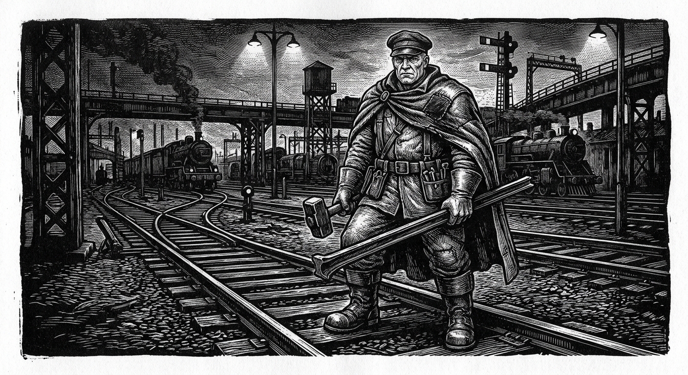 Saint Vandrail — On the Rails for Fingers, rendered as woodcut.