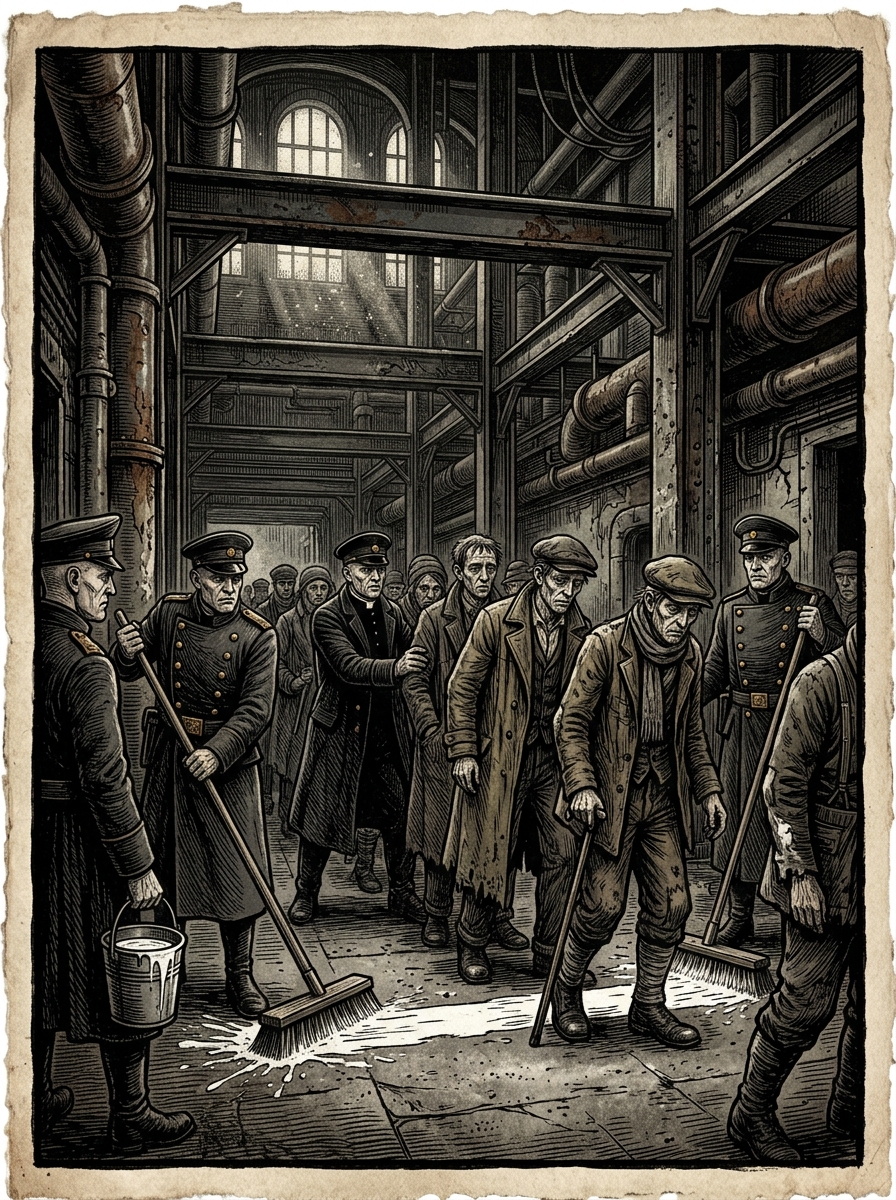 Sanitation Chapter — On the White Line, rendered as woodcut.