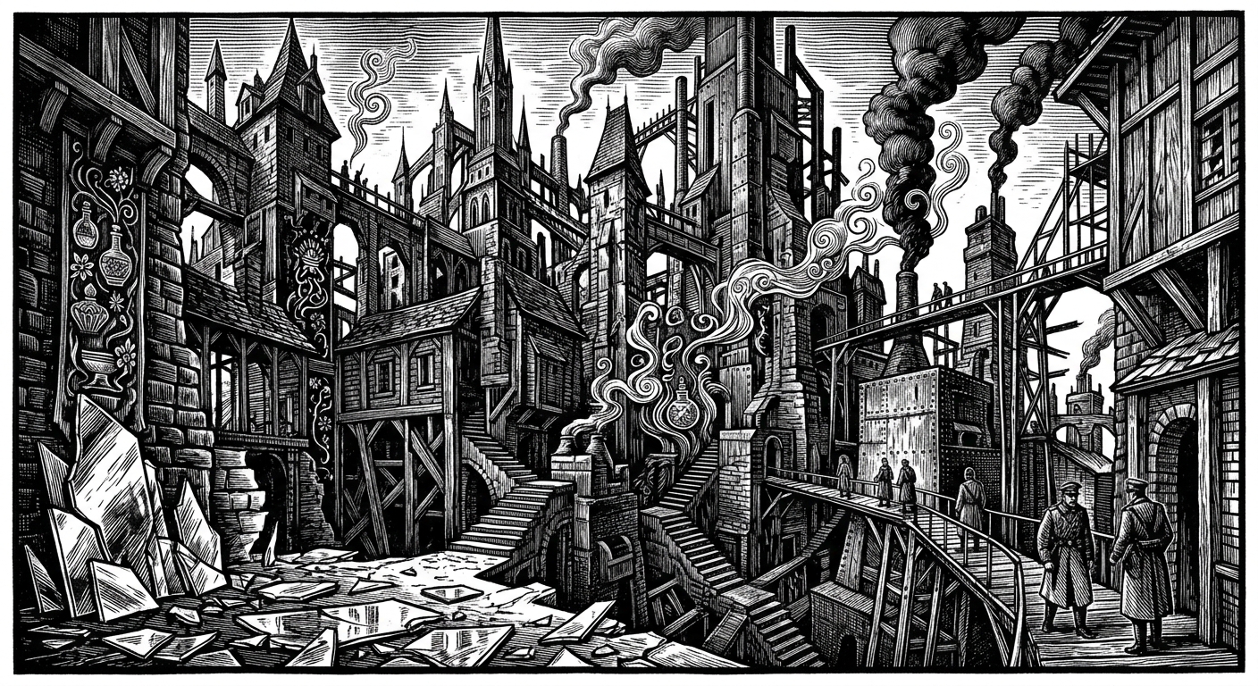Shattered Courts — On the Architecture of Appetite, rendered as woodcut.
