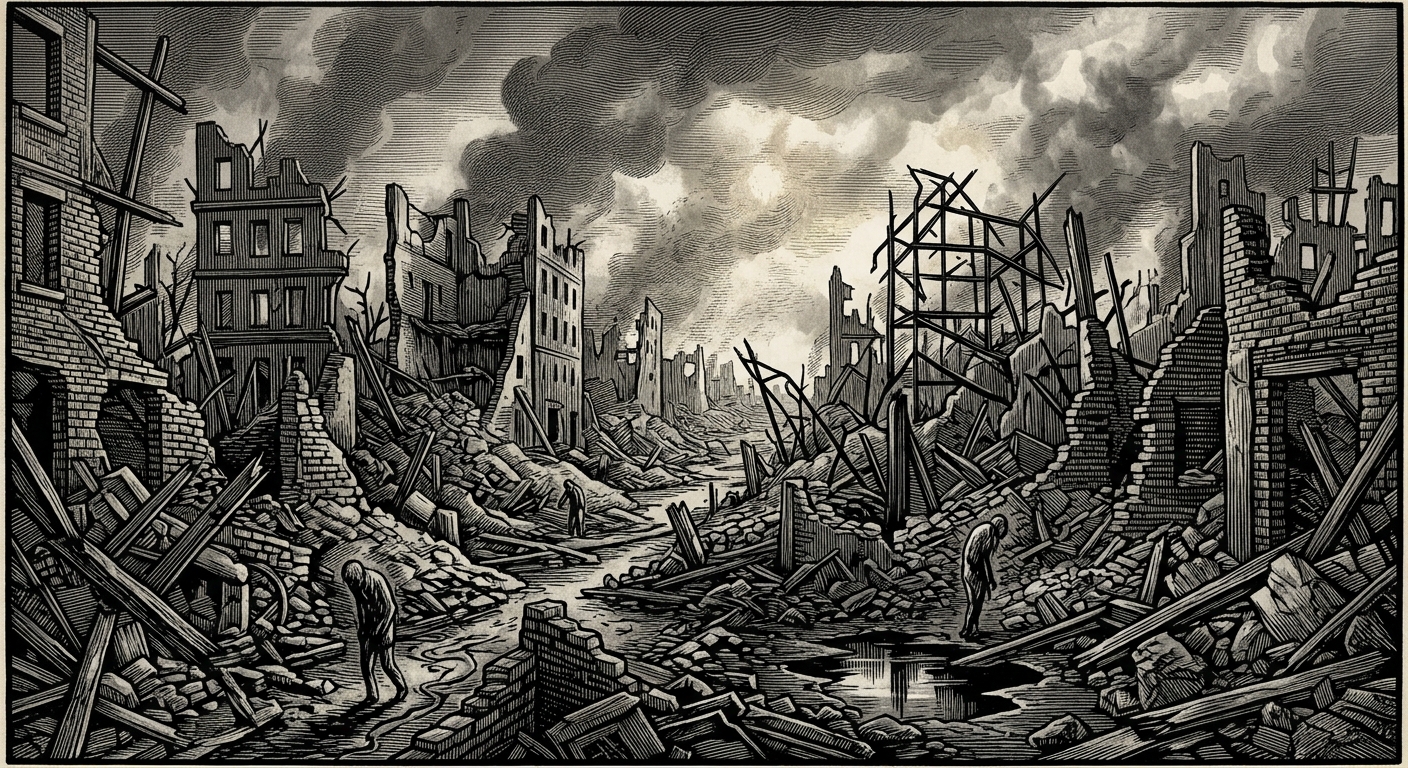 Skopje — On the Surface Ruin, rendered as woodcut.