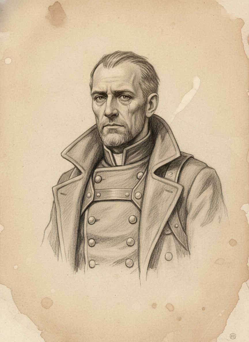 Black and white pencil dossier portrait of Saint Edras, shown head and shoulders on vellum.