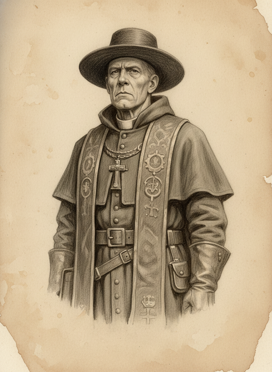 Black and white pencil dossier portrait of Saint Rupert, shown head and shoulders on vellum.