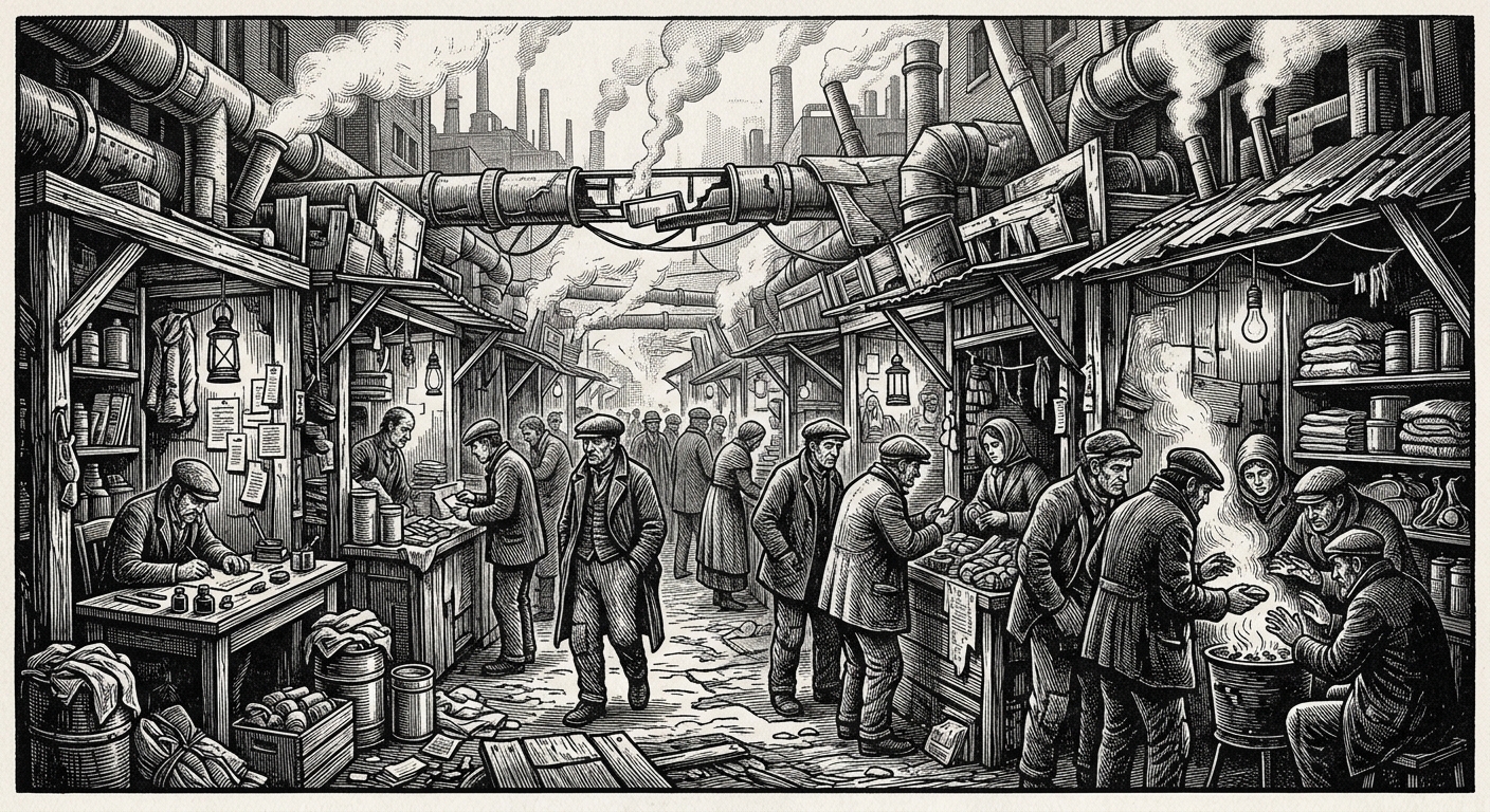 Slag Market — On the Geography of Bad Heat, rendered as woodcut.