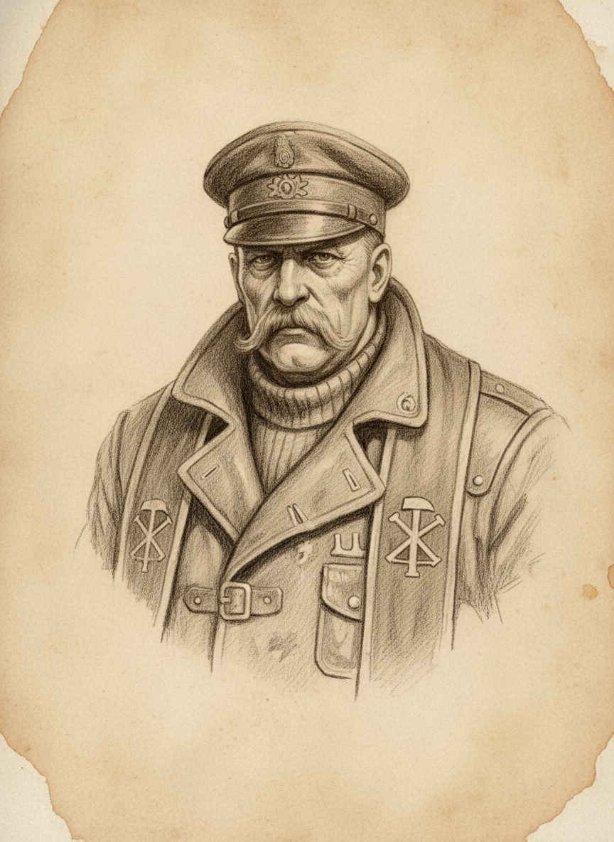 Black and white pencil dossier portrait of Saint Vandrail, shown head and shoulders on vellum.