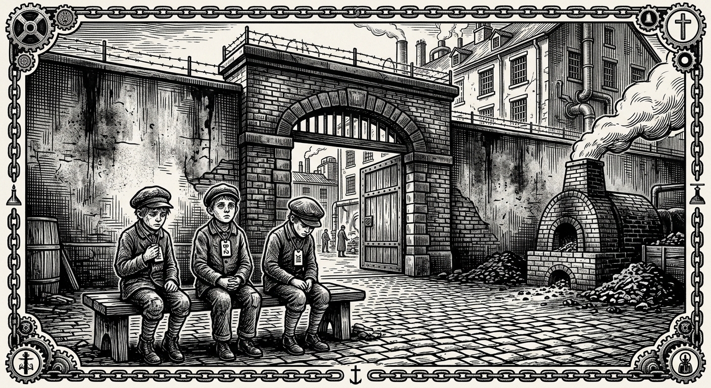 Strasbourg Central Orphanarium — On the Gate, the Bench, and the Three Tags, rendered as woodcut.
