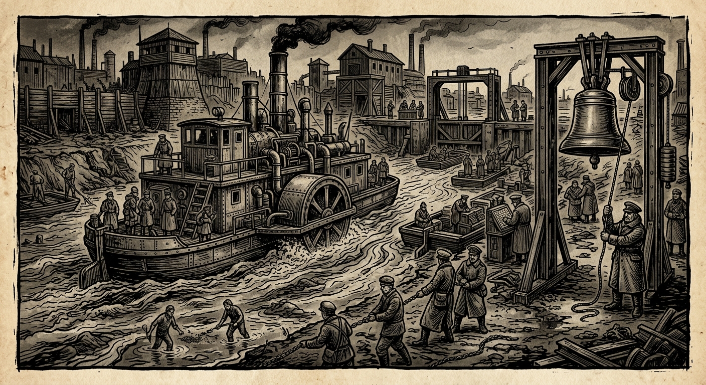 The Tagus — On Cinder, Bell-Time, and the River That Carries Ash Sideways, rendered as woodcut.
