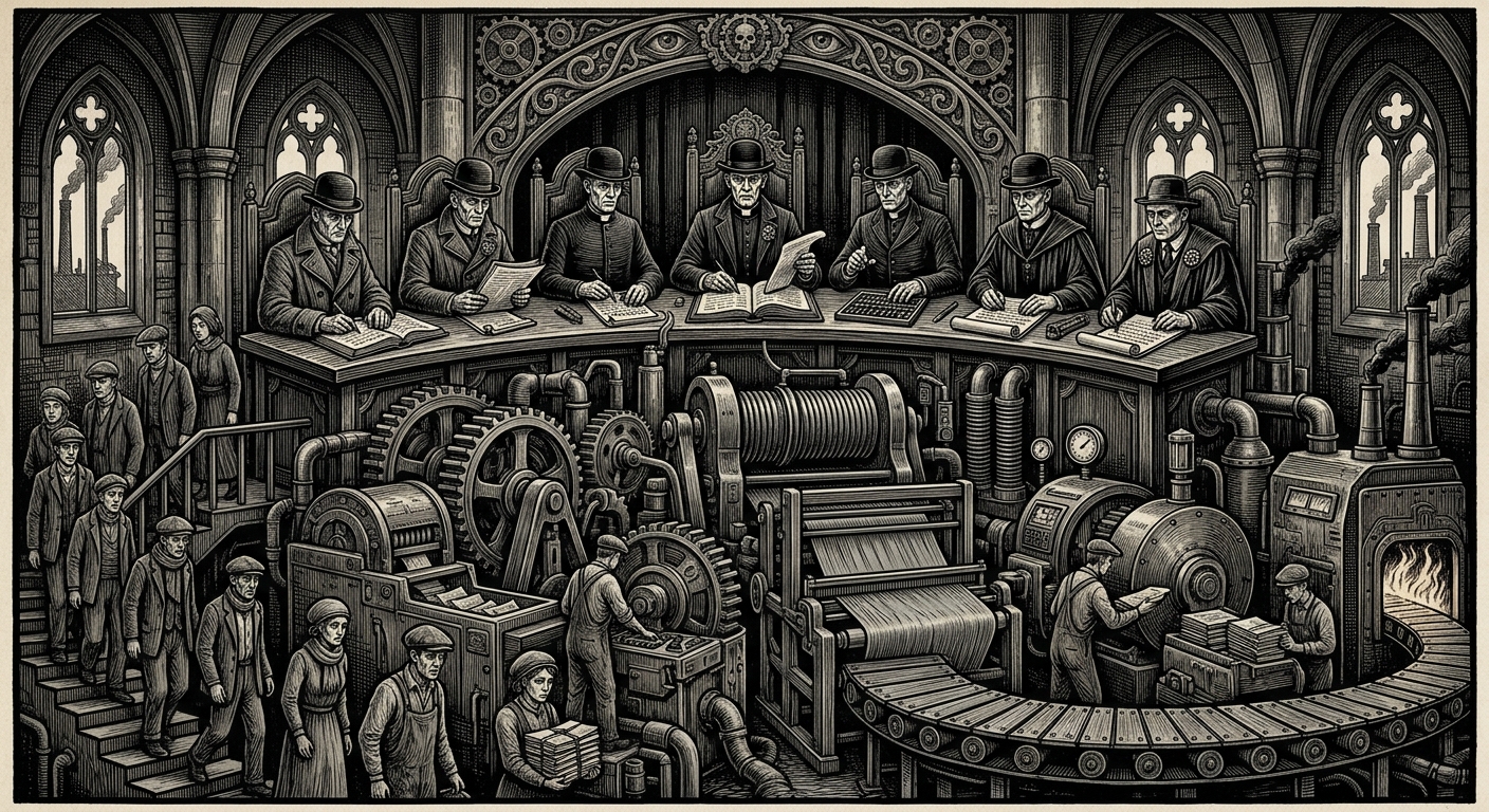 Theocracy — On the Seven Heads and the Twelve Organs, rendered as woodcut.