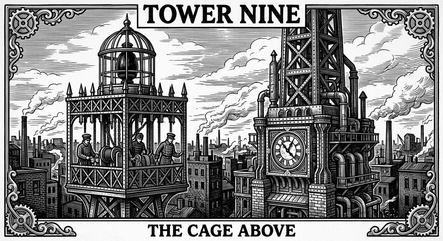 Tower Nine — On the Cage Above, rendered as woodcut.