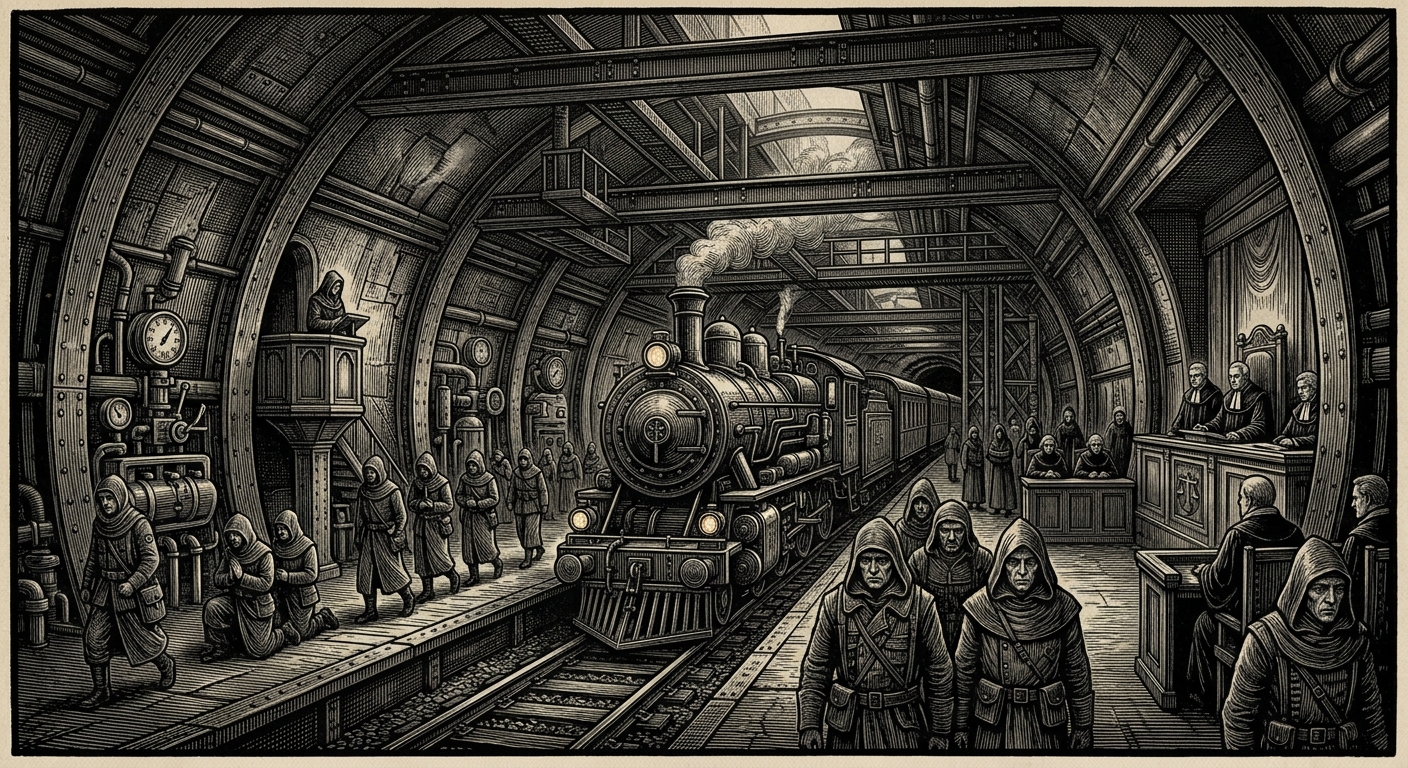 Transit Spine — On the Great Hush and the Spine's Education, rendered as woodcut.