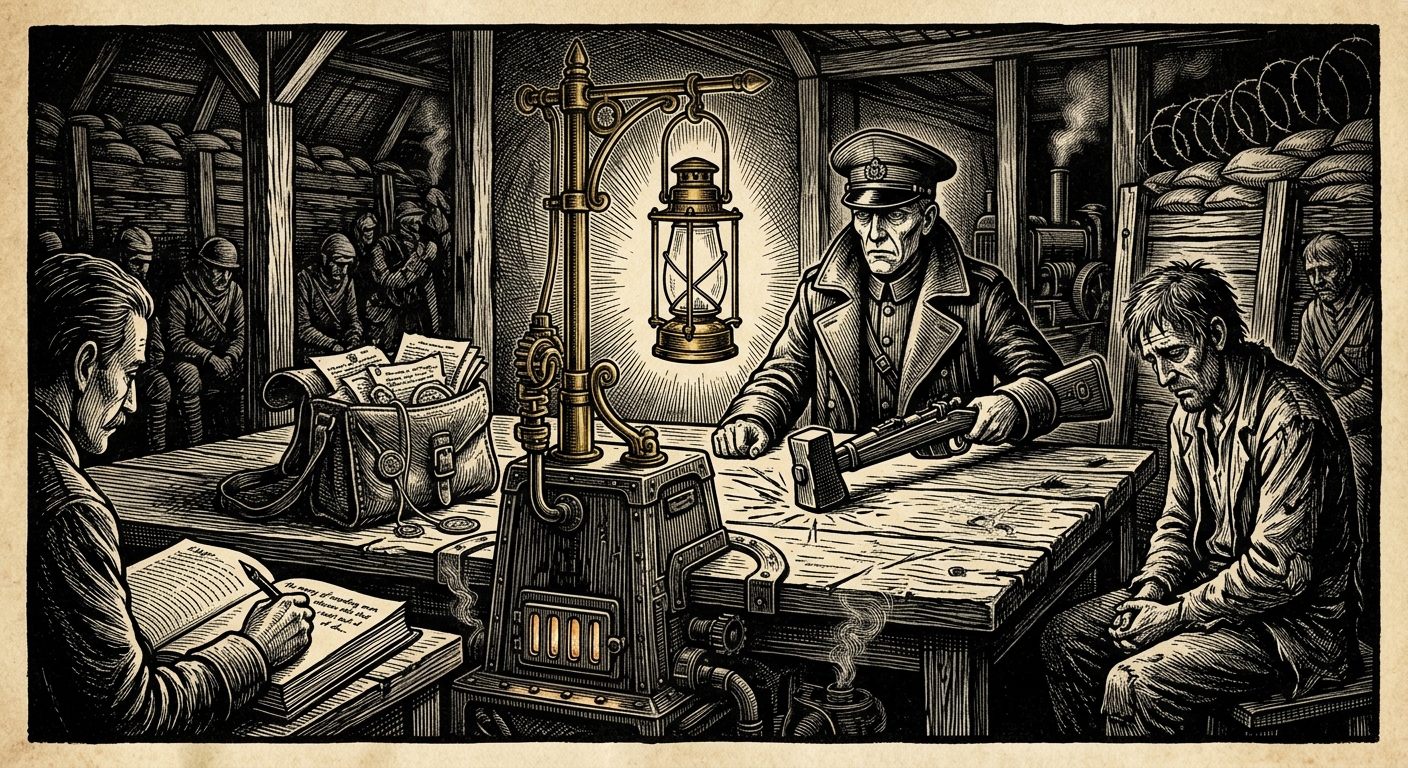 Trench Courts — On the Lantern Table, rendered as woodcut.