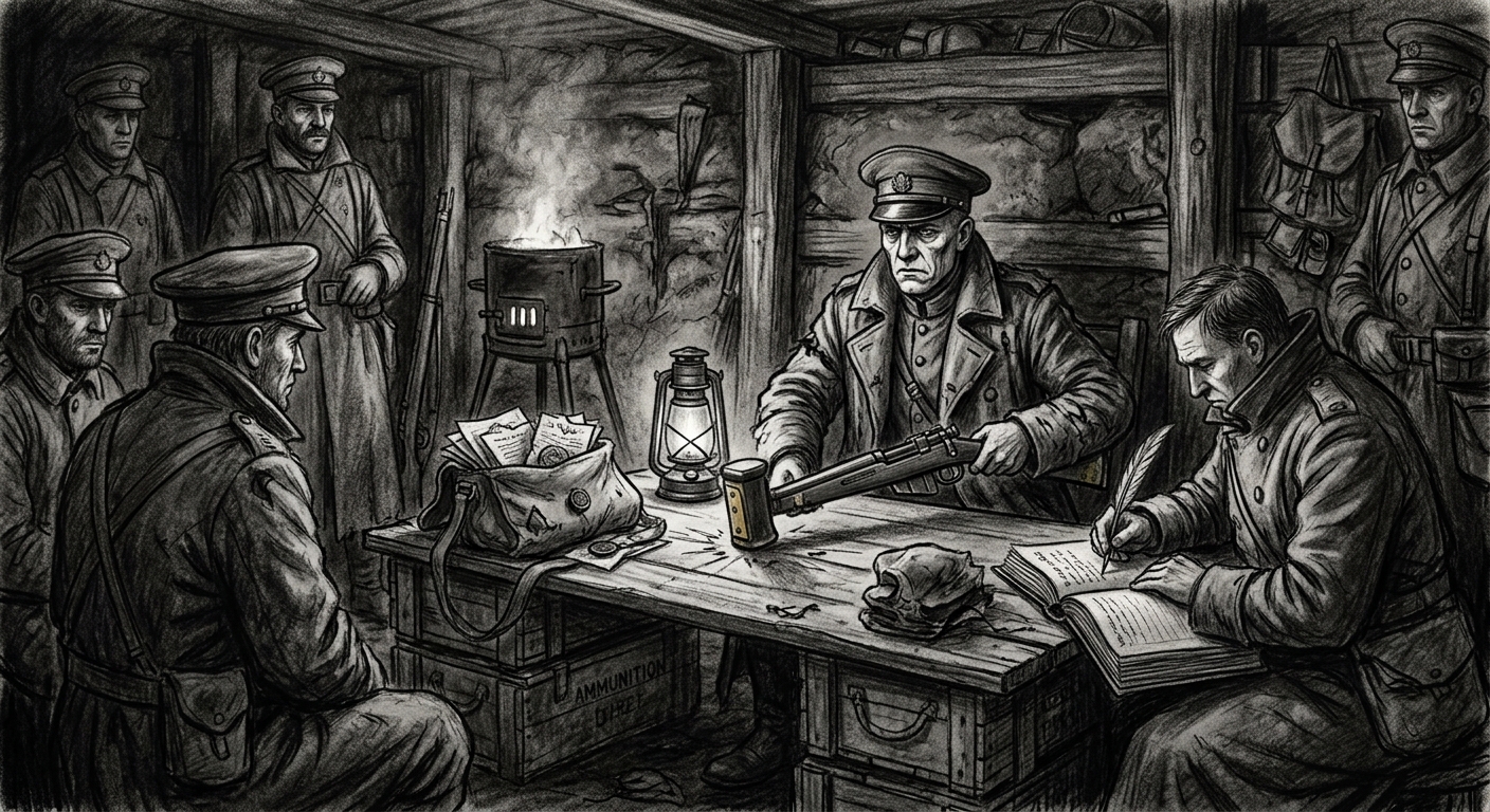 Trench Courts — On the Rifle-Gavel, rendered as charcoal.