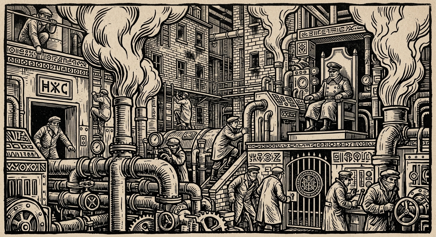 Valve Quarter — On Heat, Sound, and the Machinery of Obedience, rendered as woodcut.