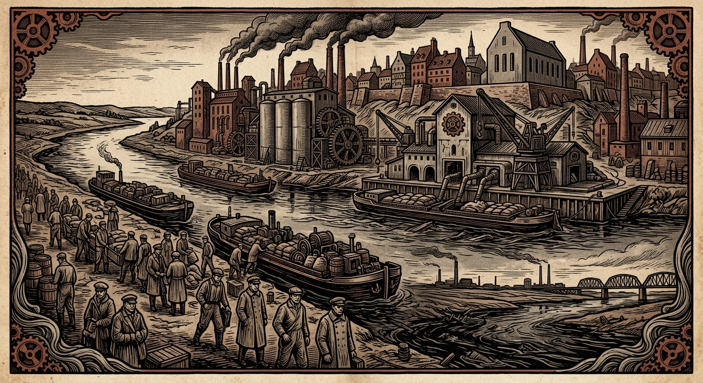 Vistula — On Sandomierz and the Downstream Receipt, rendered as woodcut.