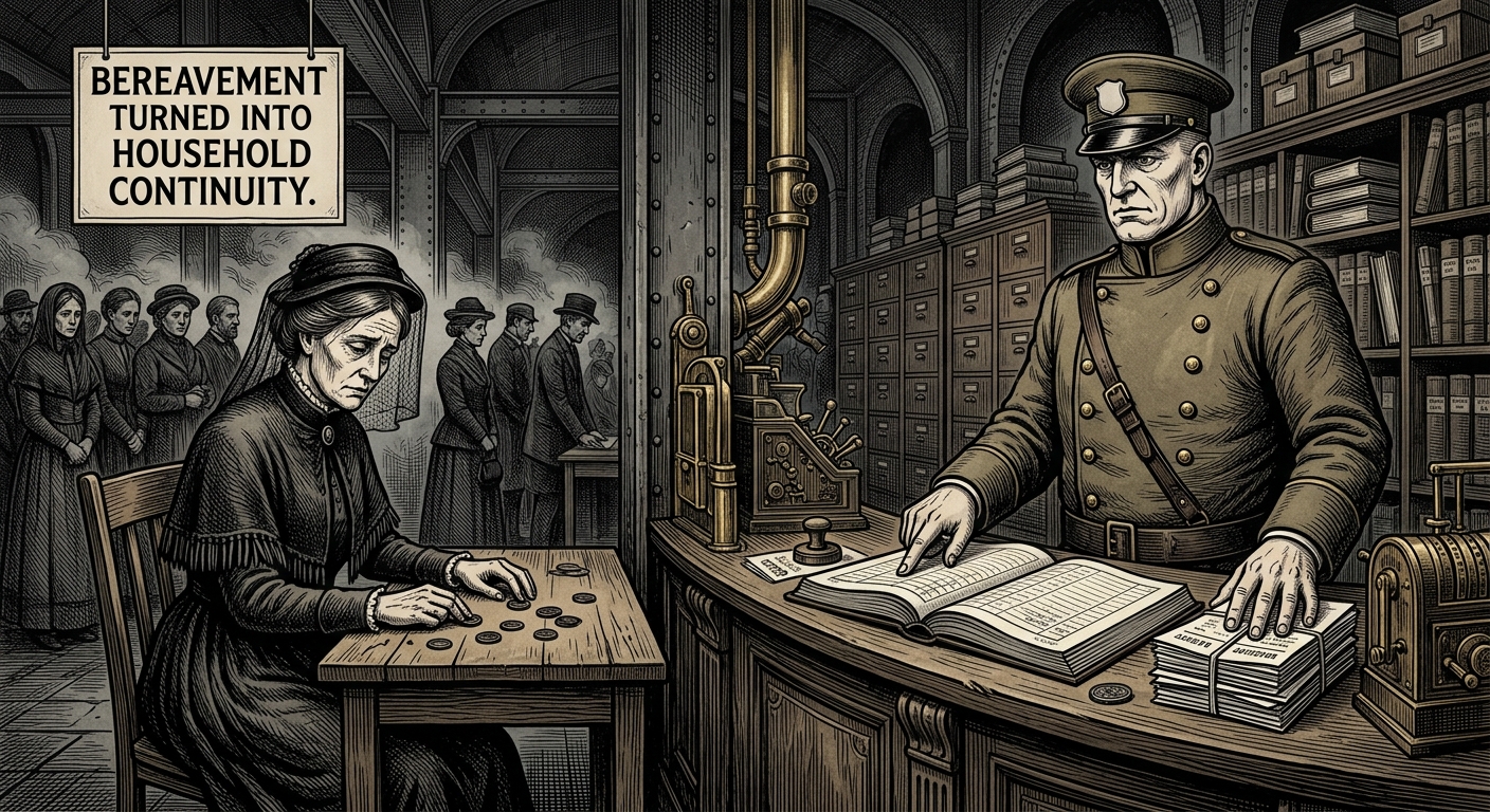 Widow's Pennies — On Pity Exemptions and Kaethus Brenn, rendered as woodcut.