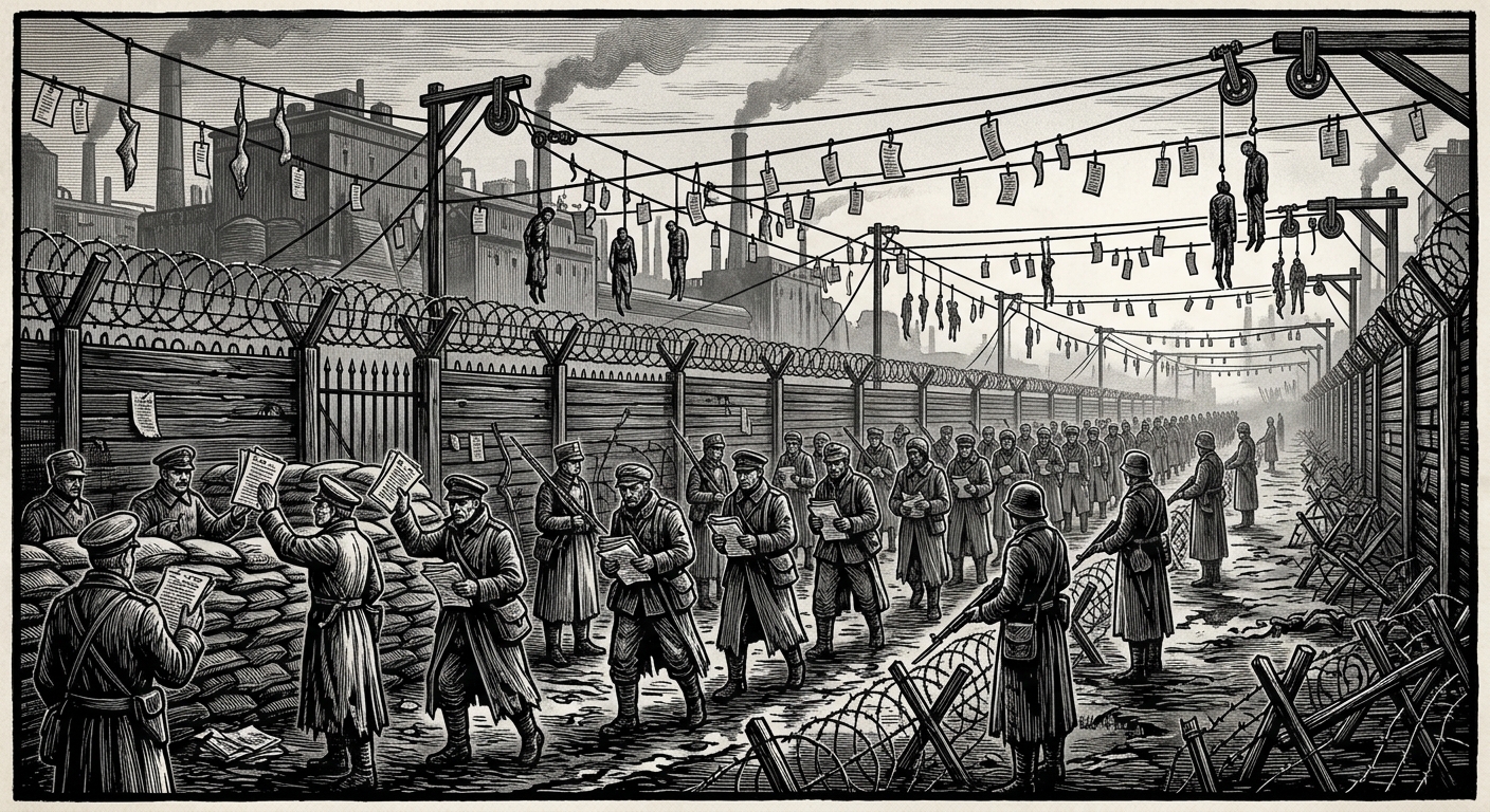 The Wire Orchard — On the Lanes of Permission, rendered as woodcut.