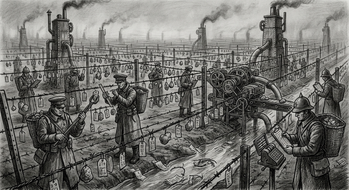 The Wire Orchard — On Tags, Fruit, and the Arithmetic of Existence, rendered as charcoal.