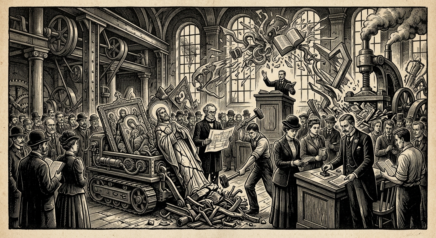 Age of Reason — On Desecration Made Civic, rendered as woodcut.