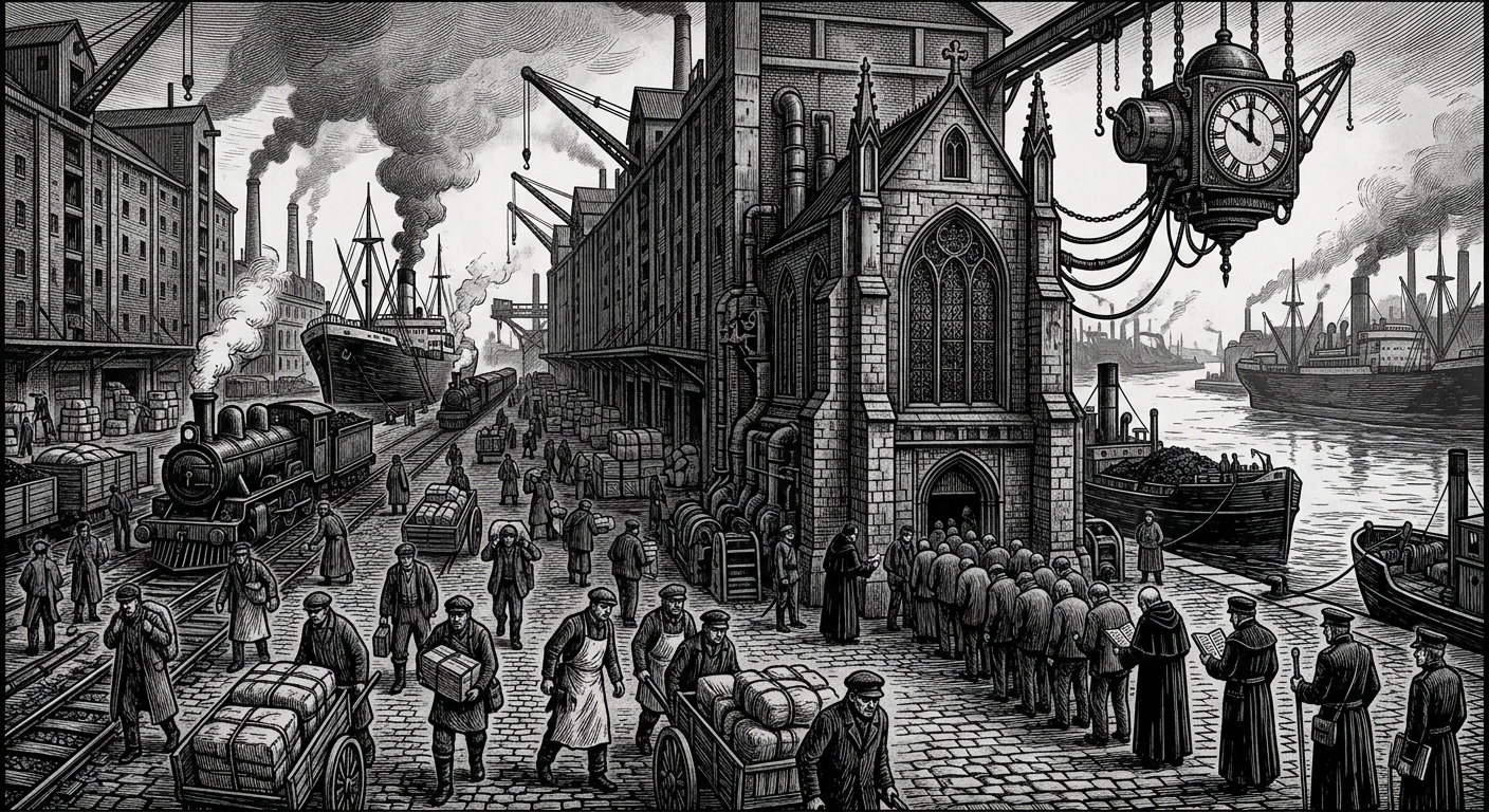 Antwerp — On Dock, Scale, and Chapel, rendered as woodcut.