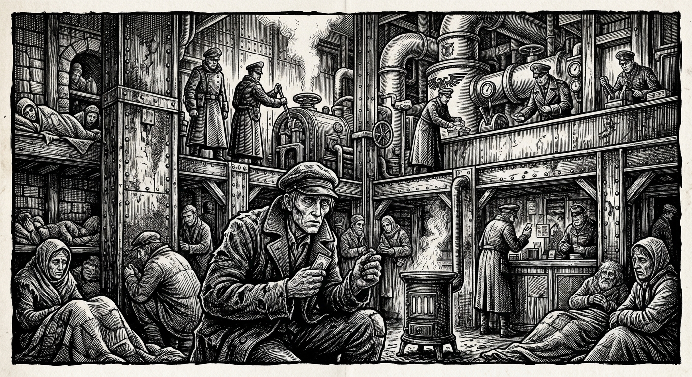 Ash Warrens — On Heat Credits and Hunger, rendered as woodcut.