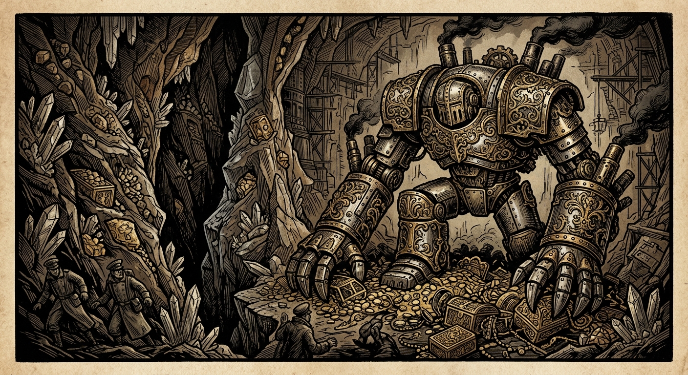 Avarice Engine — On the Gilded Chasm as Womb, rendered as woodcut.