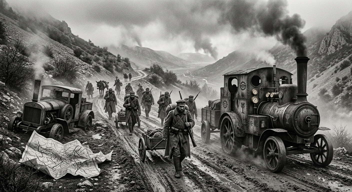 Balkan Foothills — On the Old Roads and the Retreat, rendered as photograph.