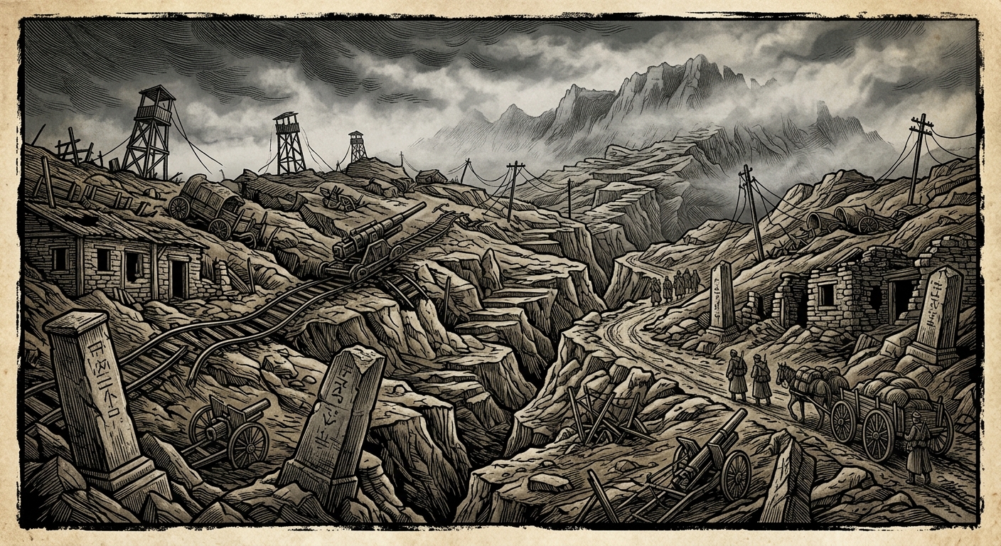 Balkan Foothills — On the Terrain, rendered as woodcut.