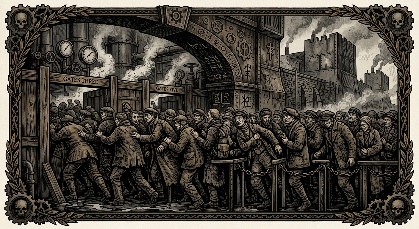 Barricade Maze — On Stampede, Pricing, and the Art of Standing Wrong, rendered as woodcut.