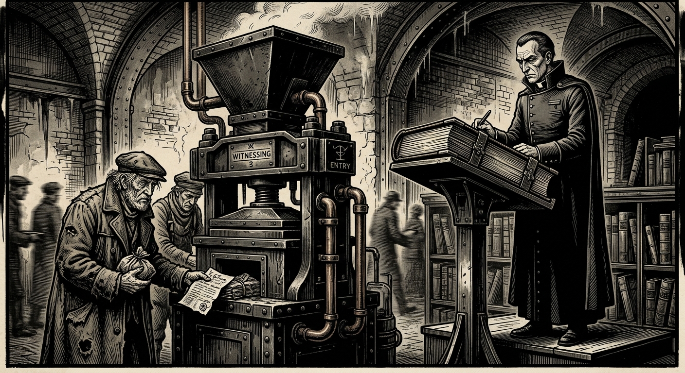 Book of Departures — On Entry and Witness, rendered as woodcut.