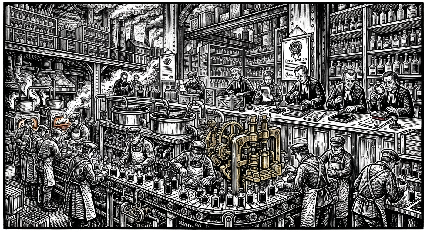 Bottle Quay — On Bottling and Certification, rendered as woodcut.