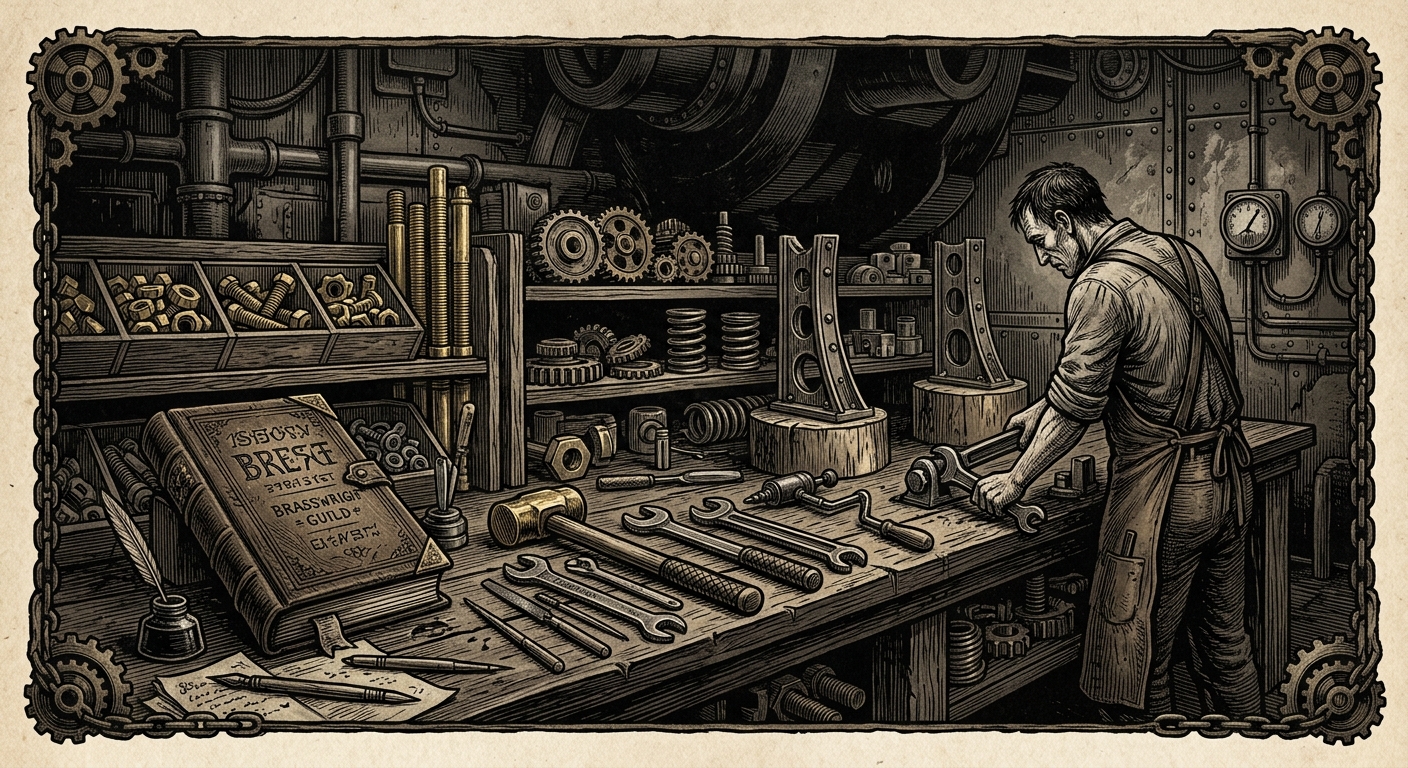 Brasswright Guild — On Tools, Stock, and the Private Book, rendered as woodcut.