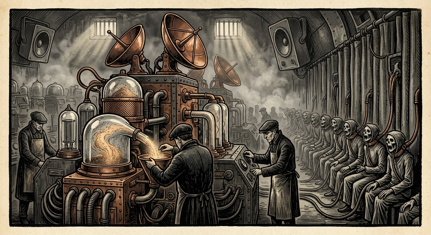 Broadcast Directorate — On the Apparatus and the Dust, rendered as woodcut.