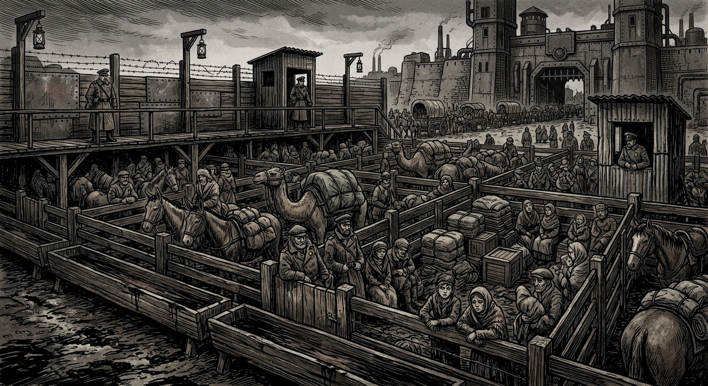 Caravan Corrals — On Pens, Troughs, and Waiting Law, rendered as woodcut.