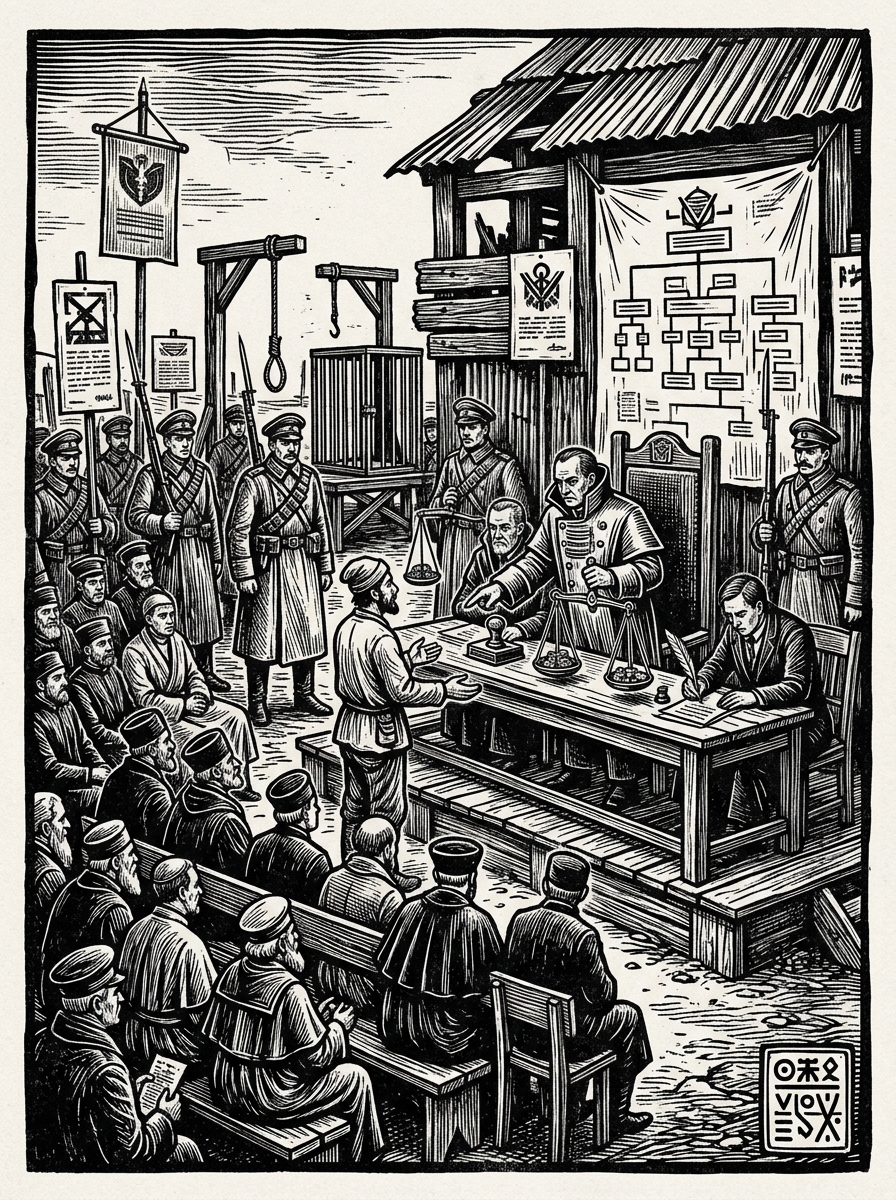 Caravan Court — On Procedure, Which Is a Species of Trap, rendered as woodcut.