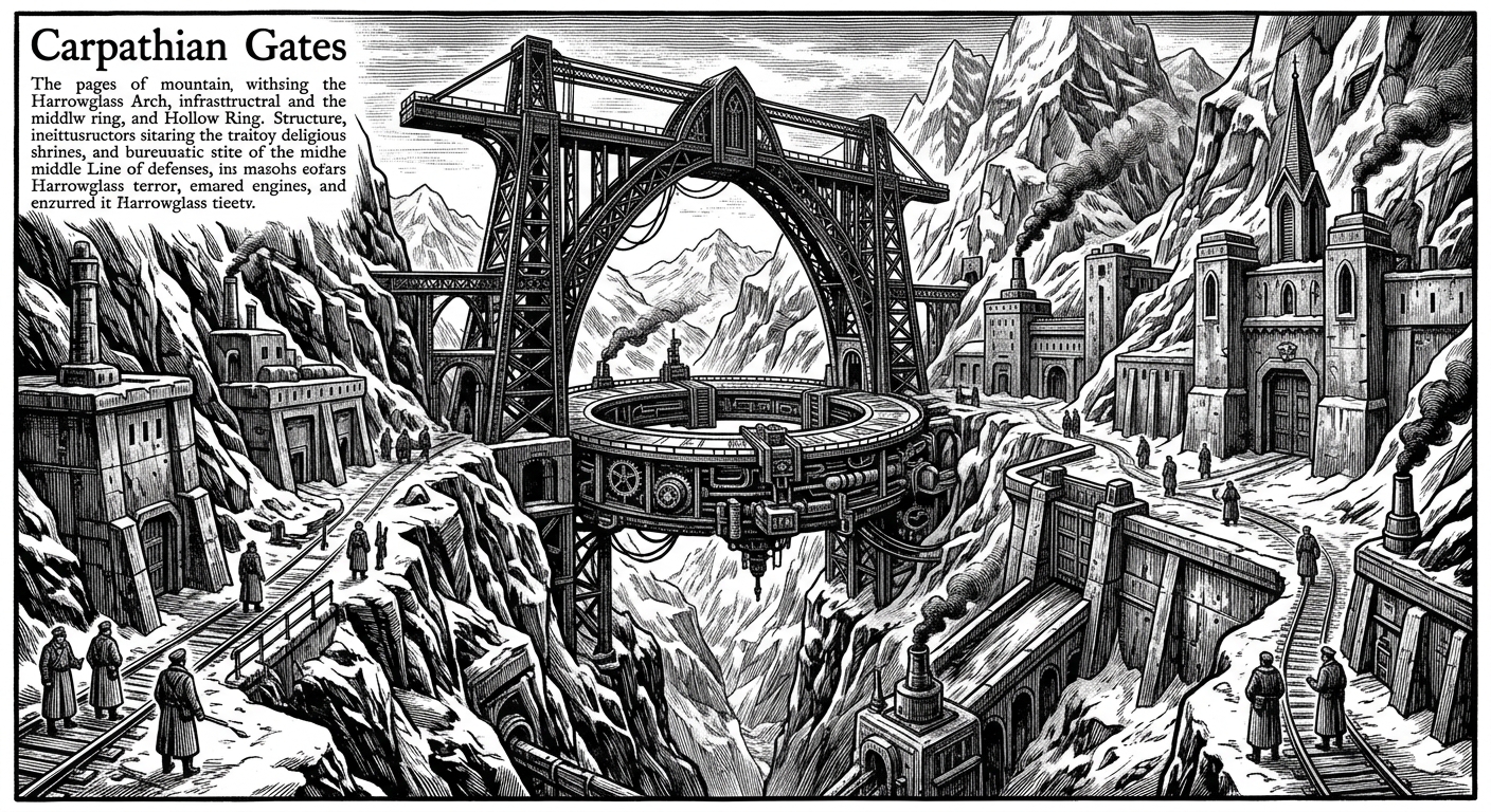 Carpathian Gates — On Harrowglass Arch and the Hollow Ring, rendered as woodcut.