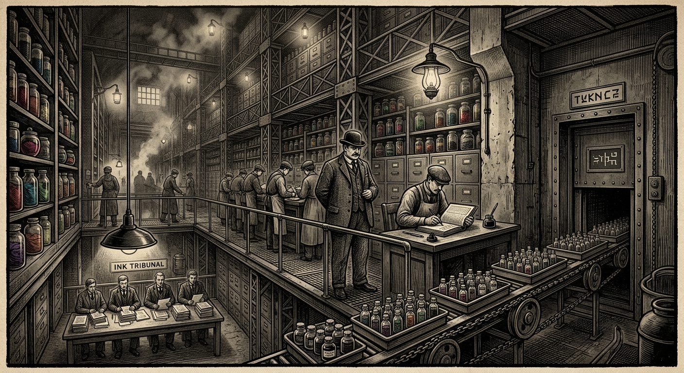 Chromatic Registry — On the Shade Vaults, rendered as woodcut.