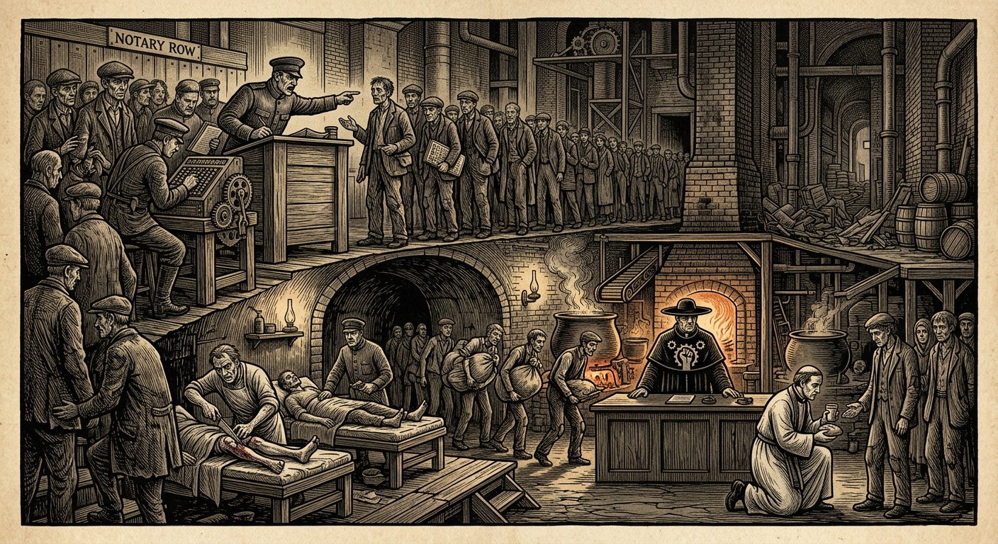 Civic Triage Tribunal — On Notary Row and the Hall of Wax Heat, rendered as woodcut.