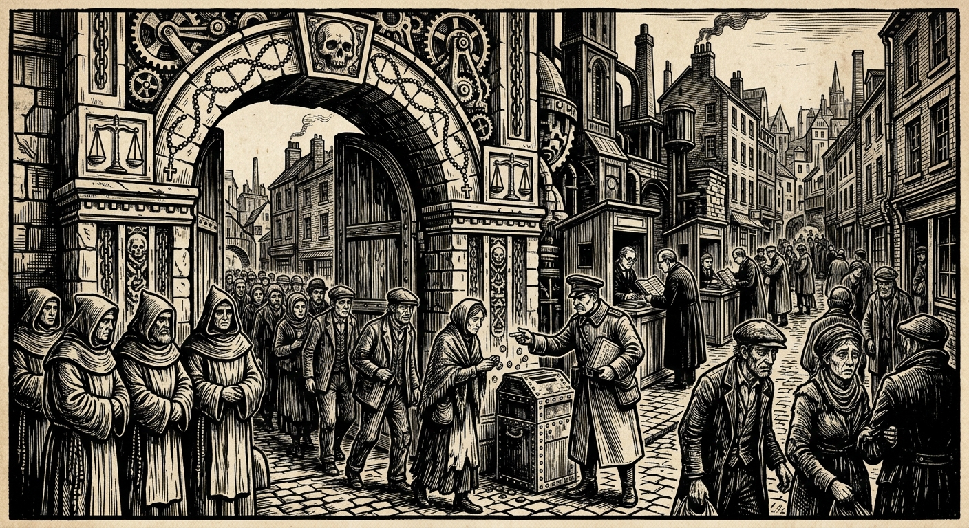 Clearance Gate — On the Rite of Clearance, rendered as woodcut.