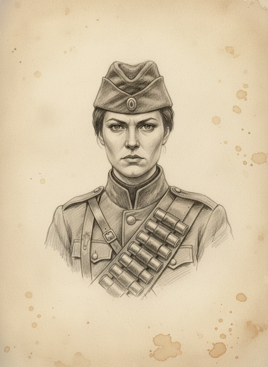 Black and white pencil dossier portrait of Cantor-Lieutenant Sera, shown head and shoulders on vellum.