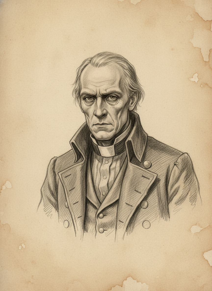 Black and white pencil dossier portrait of Cantor-Major Pell, shown head and shoulders on vellum.