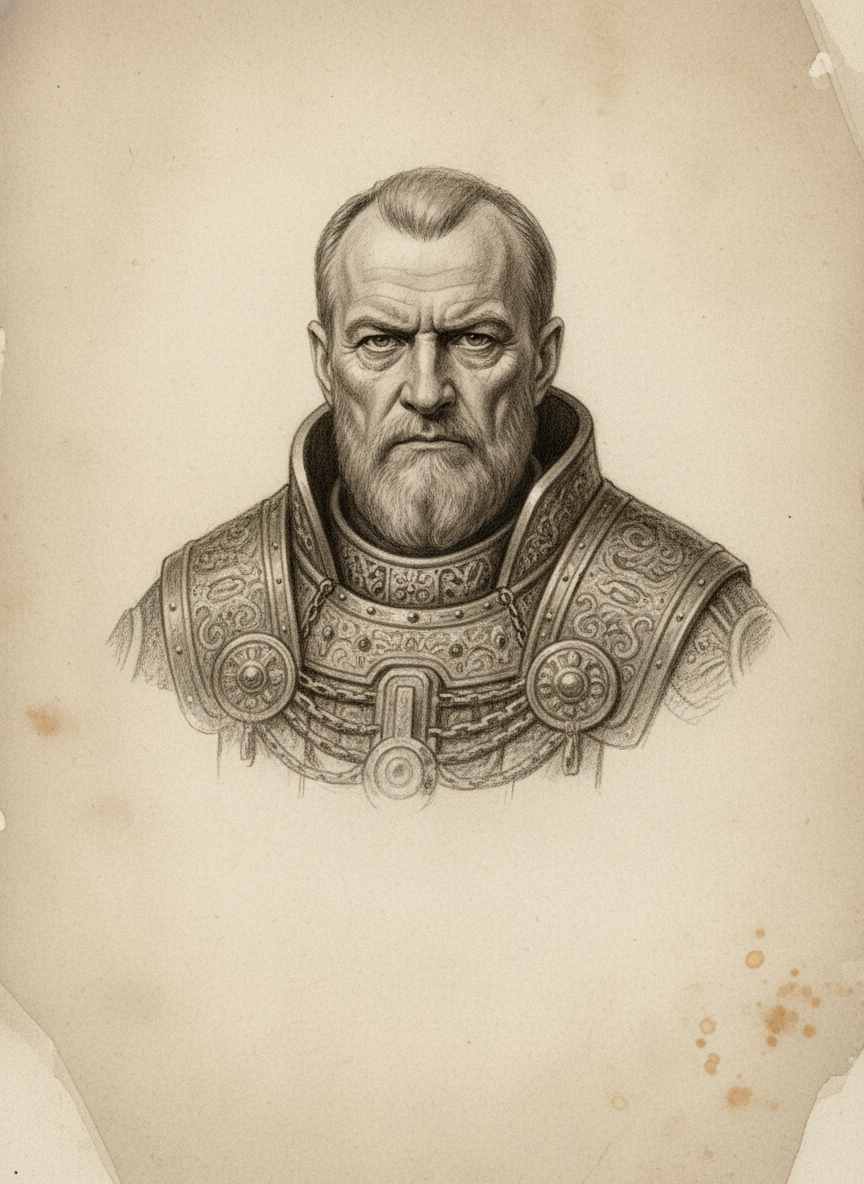 Black and white pencil dossier portrait of Charlemagne, shown head and shoulders on vellum.