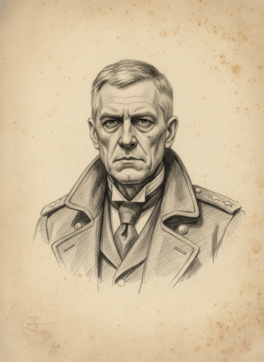 Black and white pencil dossier portrait of Commandant Gaius Tarvor, shown head and shoulders on vellum.