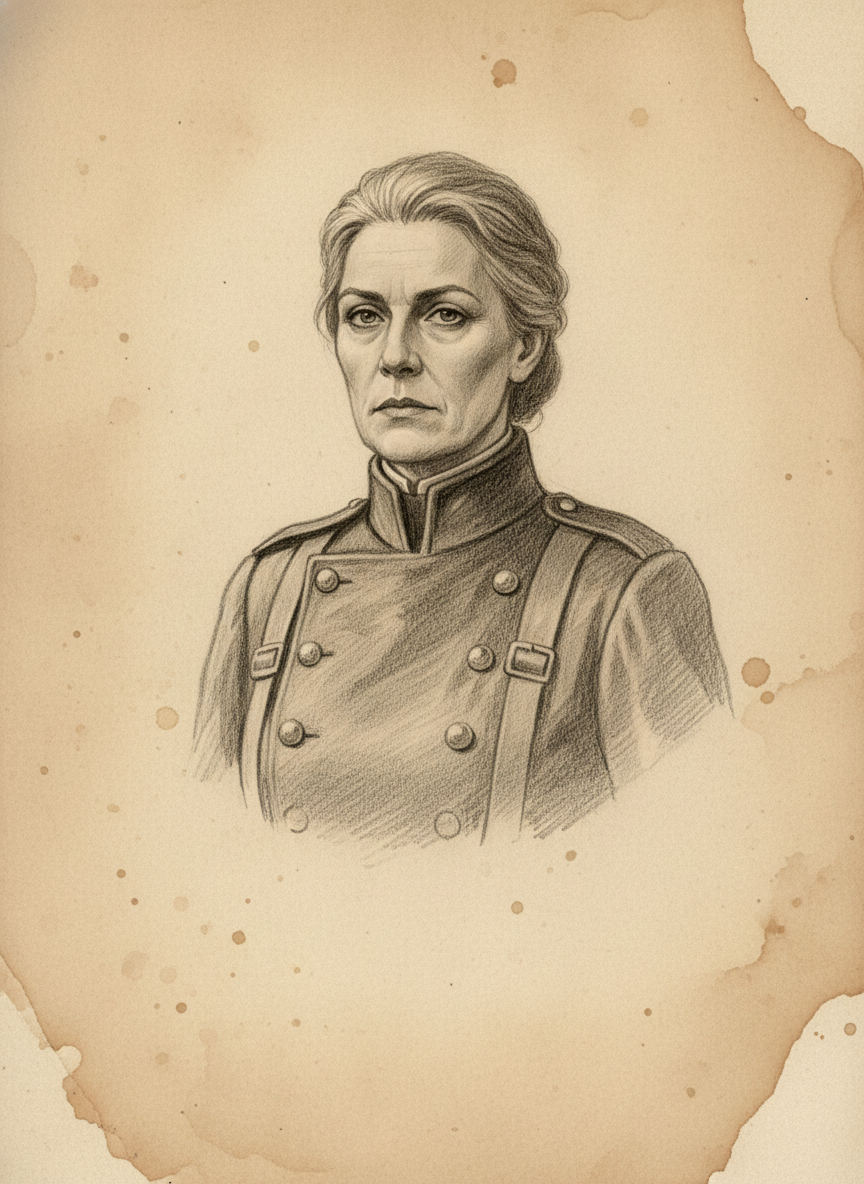 Black and white pencil dossier portrait of Commander-Prior Sabelle Morn, shown head and shoulders on vellum.